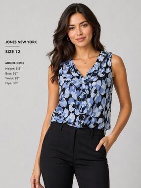 Jones New York 100% Silk Floral Blouse Sleeveless Ruffle Front Black Blue Sz 12